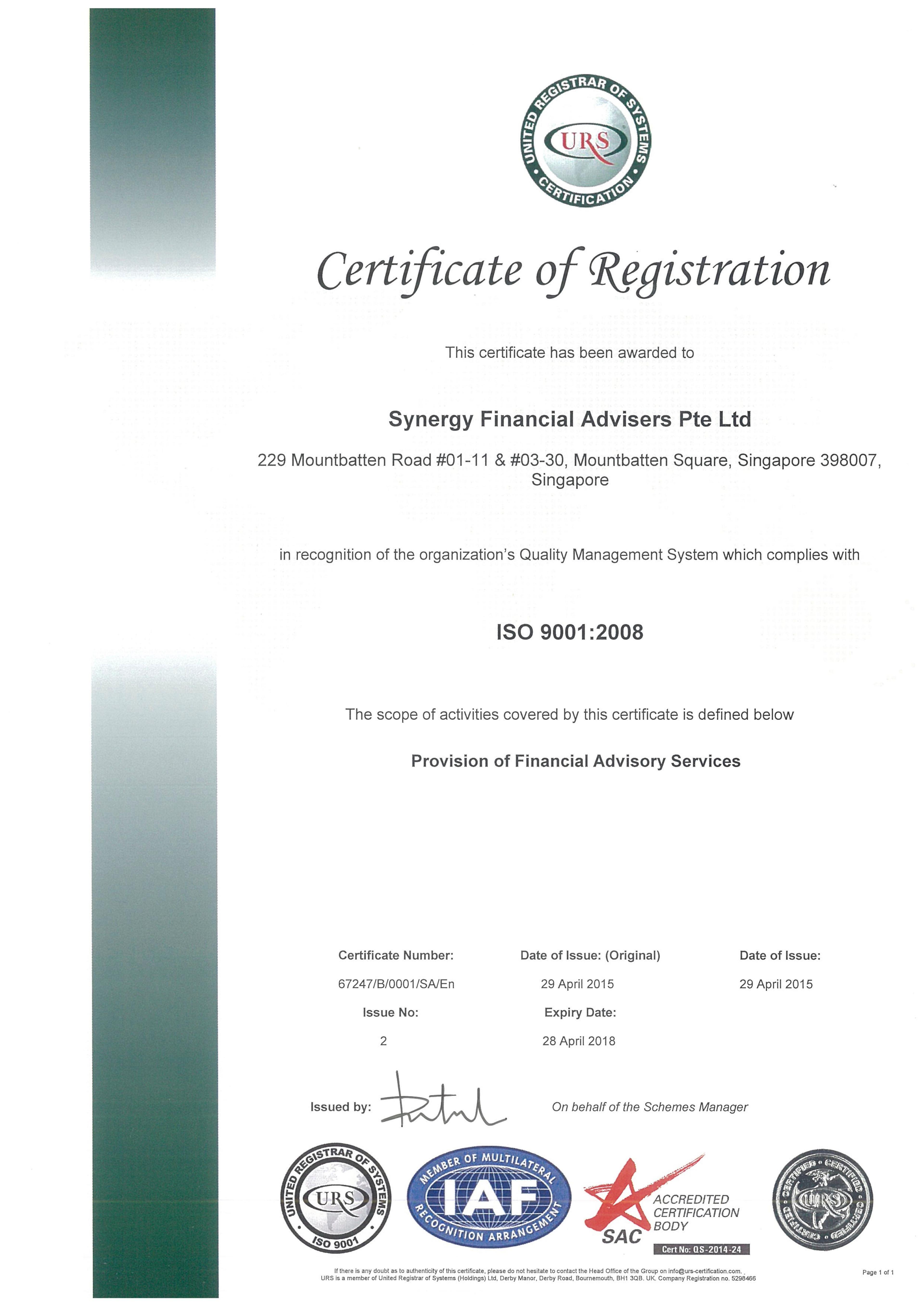 Synergy Financial Advisers are now ISO 9001:2008 certified!